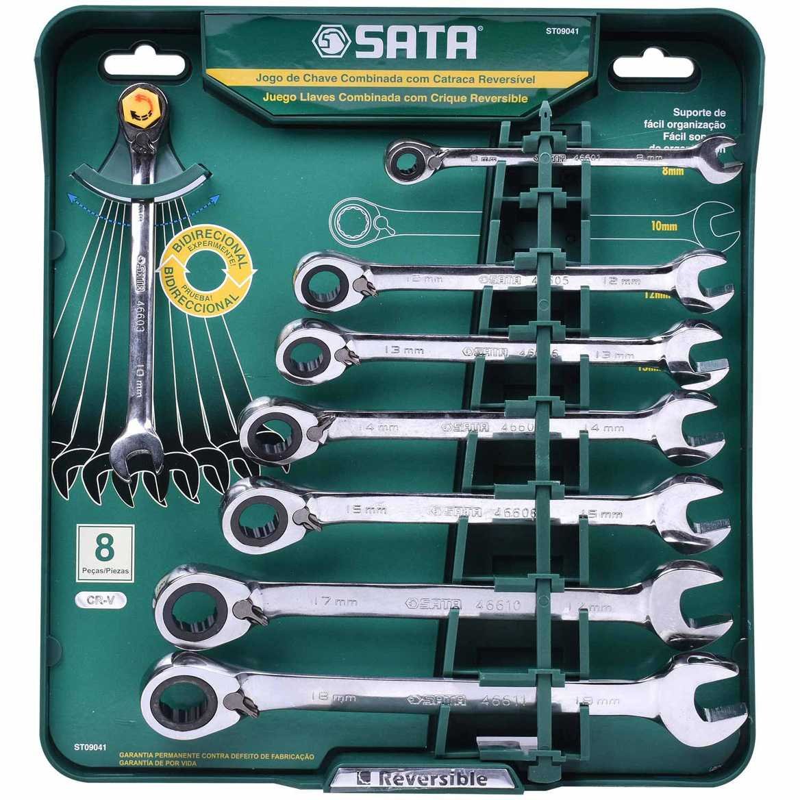 Jogo Chave Catraca Reversivel 8 A 18mm C/ 08 Pc [ St09041 ] Sata